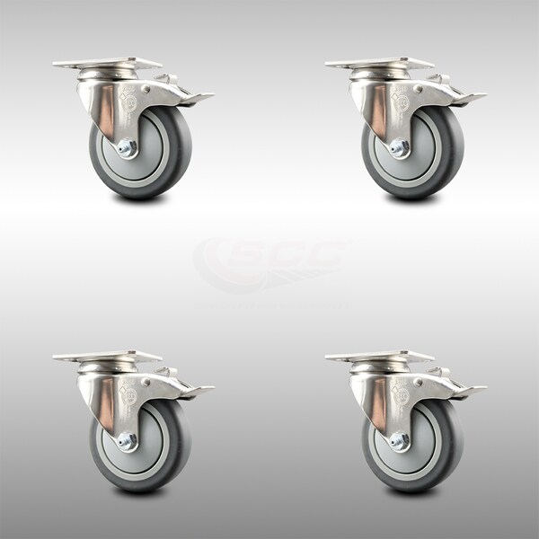 4 Inch 316SS Thermoplastic Rubber Swivel Top Plate Caster Set Total Lock Brake